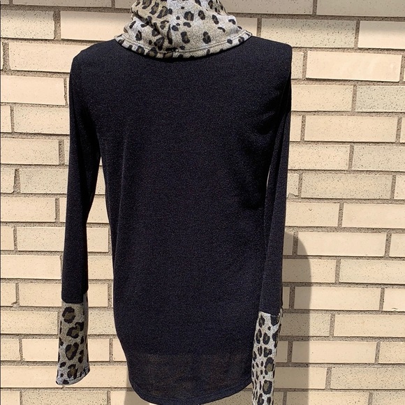 Black Leopard Animal Print Cowl Neck Knit Top - Picture 3 of 9